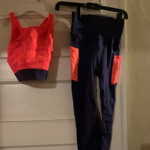 Fabletics navy blue and coral leggings with matching bra